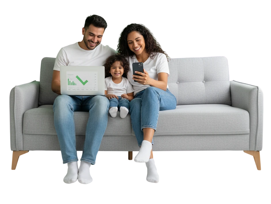 Família sorrindo enquanto usa notebook e celular