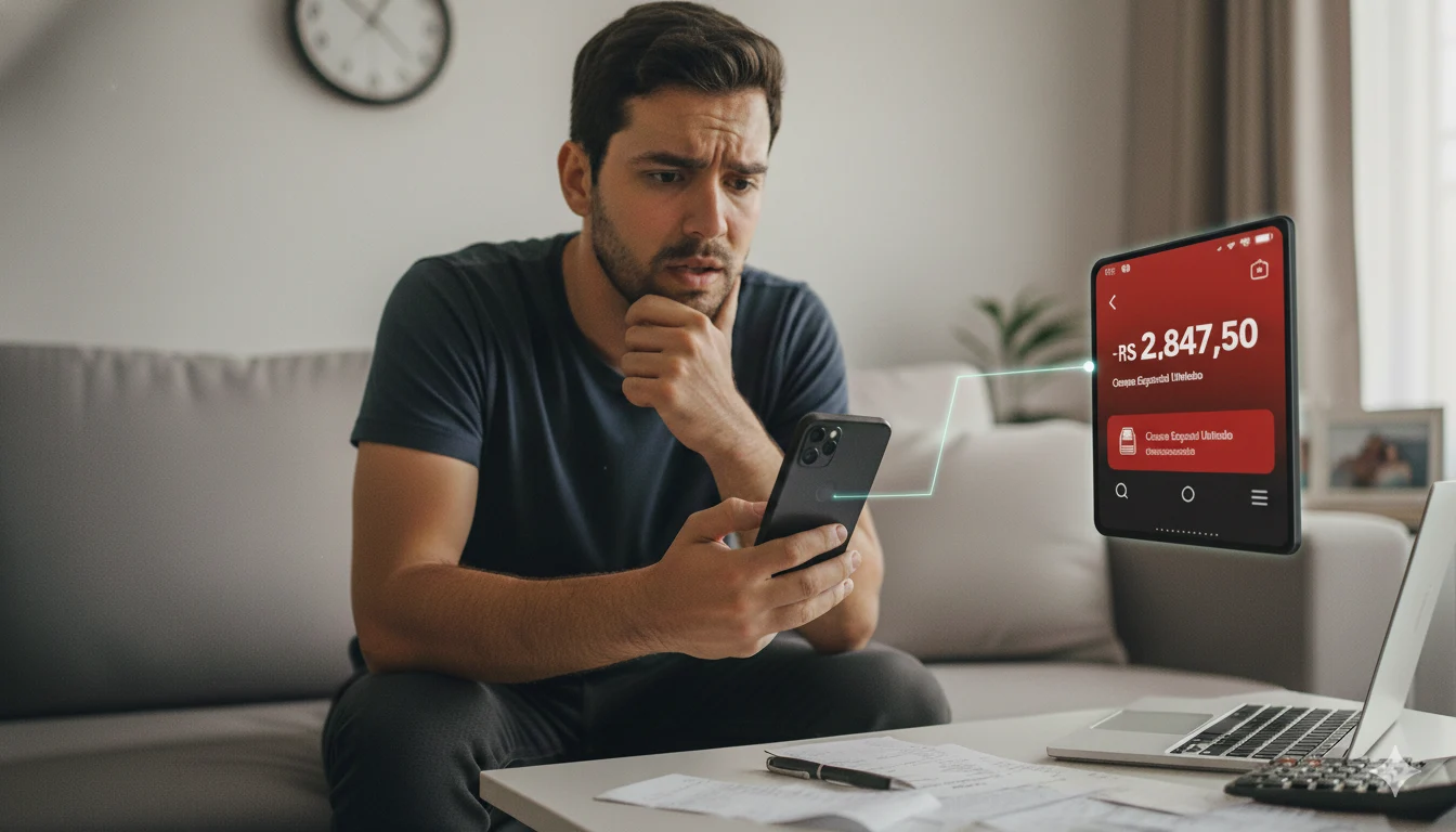 Pessoa preocupada olhando saldo negativo no app do banco mostrando cheque especial utilizado